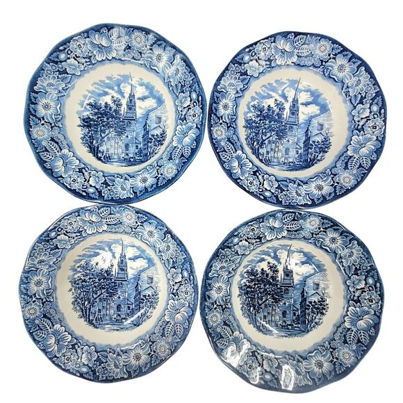 Staffordshire Vintage Liberty Blue 1776 Colonial Transferware 4 Rim Soup Bowls 1 - Picture 1 of 11